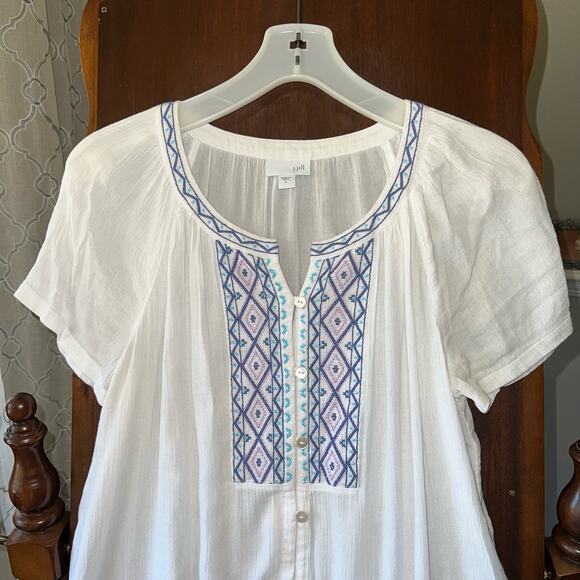 J Jill white linen button down top shirt with blue embroidery size small - Picture 2 of 8